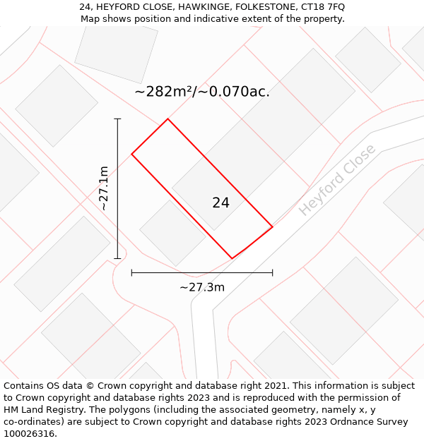 24, HEYFORD CLOSE, HAWKINGE, FOLKESTONE, CT18 7FQ: Plot and title map