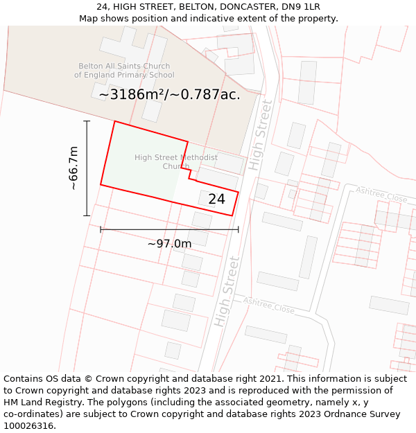 24, HIGH STREET, BELTON, DONCASTER, DN9 1LR: Plot and title map