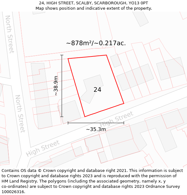 24, HIGH STREET, SCALBY, SCARBOROUGH, YO13 0PT: Plot and title map