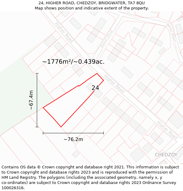 24, HIGHER ROAD, CHEDZOY, BRIDGWATER, TA7 8QU: Plot and title map