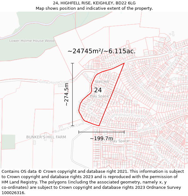 24, HIGHFELL RISE, KEIGHLEY, BD22 6LG: Plot and title map