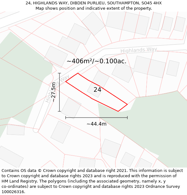 24, HIGHLANDS WAY, DIBDEN PURLIEU, SOUTHAMPTON, SO45 4HX: Plot and title map