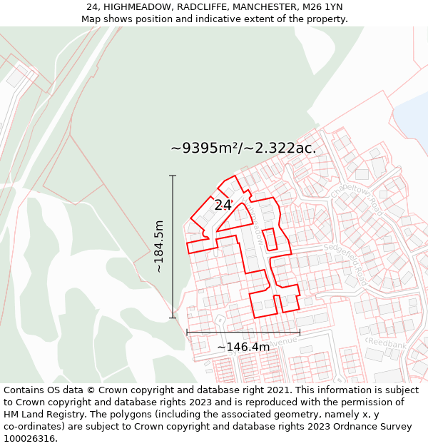 24, HIGHMEADOW, RADCLIFFE, MANCHESTER, M26 1YN: Plot and title map
