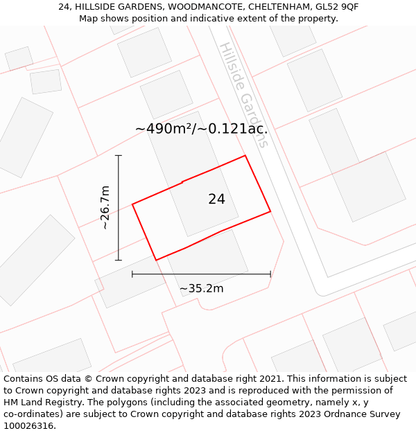 24, HILLSIDE GARDENS, WOODMANCOTE, CHELTENHAM, GL52 9QF: Plot and title map