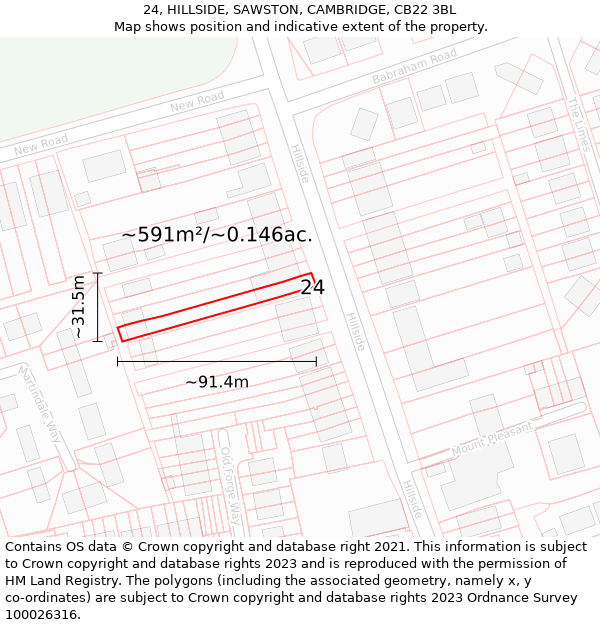 24, HILLSIDE, SAWSTON, CAMBRIDGE, CB22 3BL: Plot and title map