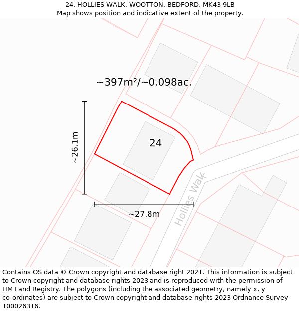 24, HOLLIES WALK, WOOTTON, BEDFORD, MK43 9LB: Plot and title map