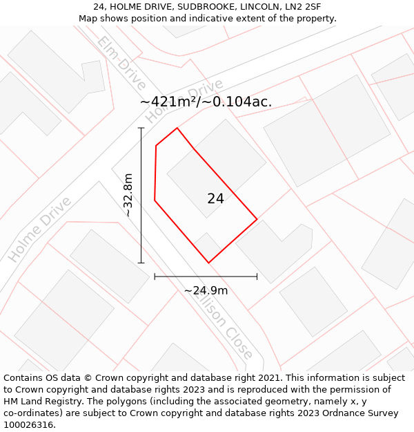 24, HOLME DRIVE, SUDBROOKE, LINCOLN, LN2 2SF: Plot and title map