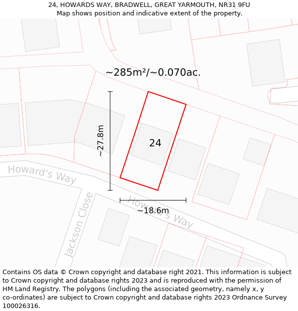 24, HOWARDS WAY, BRADWELL, GREAT YARMOUTH, NR31 9FU: Plot and title map