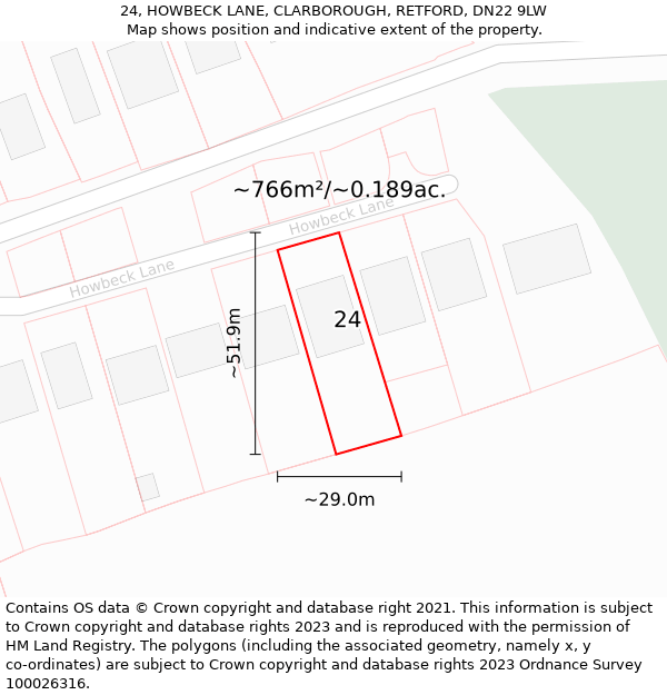 24, HOWBECK LANE, CLARBOROUGH, RETFORD, DN22 9LW: Plot and title map