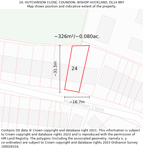 24, HUTCHINSON CLOSE, COUNDON, BISHOP AUCKLAND, DL14 8NY: Plot and title map