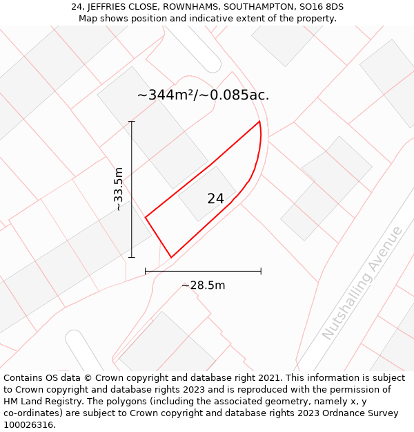 24, JEFFRIES CLOSE, ROWNHAMS, SOUTHAMPTON, SO16 8DS: Plot and title map