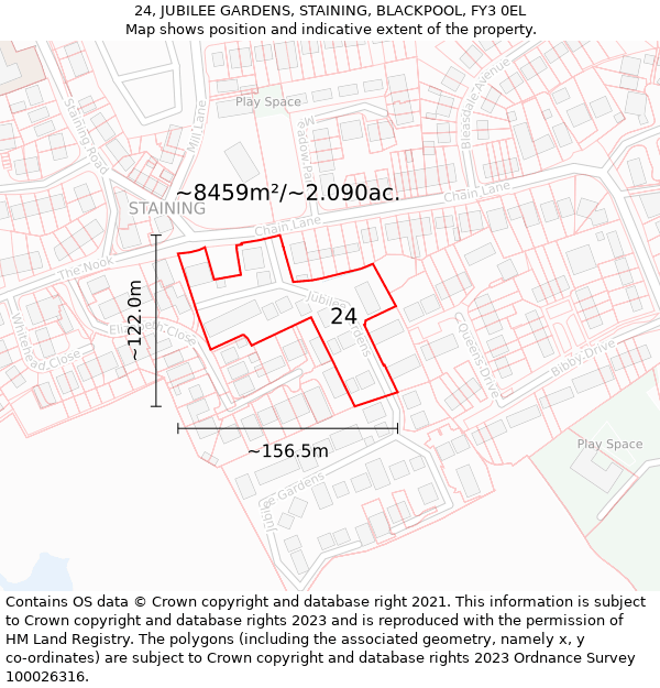 24, JUBILEE GARDENS, STAINING, BLACKPOOL, FY3 0EL: Plot and title map