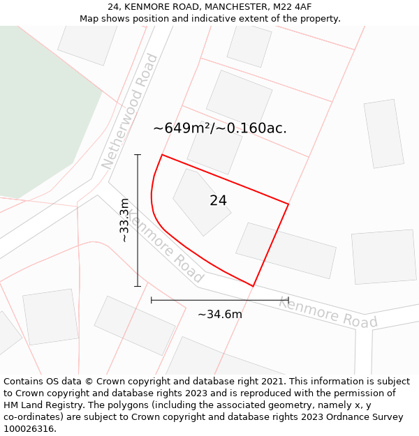 24, KENMORE ROAD, MANCHESTER, M22 4AF: Plot and title map