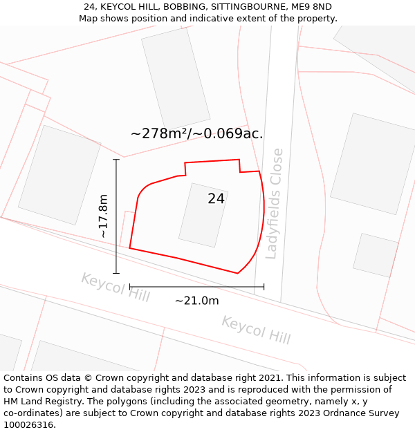 24, KEYCOL HILL, BOBBING, SITTINGBOURNE, ME9 8ND: Plot and title map