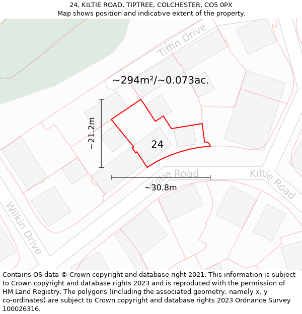 24, KILTIE ROAD, TIPTREE, COLCHESTER, CO5 0PX: Plot and title map