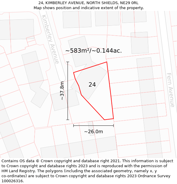 24, KIMBERLEY AVENUE, NORTH SHIELDS, NE29 0RL: Plot and title map