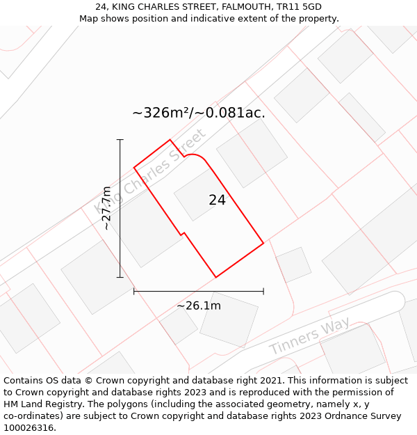 24, KING CHARLES STREET, FALMOUTH, TR11 5GD: Plot and title map