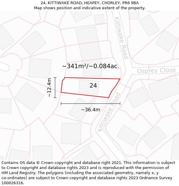 24, KITTIWAKE ROAD, HEAPEY, CHORLEY, PR6 9BA: Plot and title map