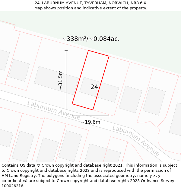 24, LABURNUM AVENUE, TAVERHAM, NORWICH, NR8 6JX: Plot and title map