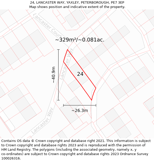 24, LANCASTER WAY, YAXLEY, PETERBOROUGH, PE7 3EP: Plot and title map