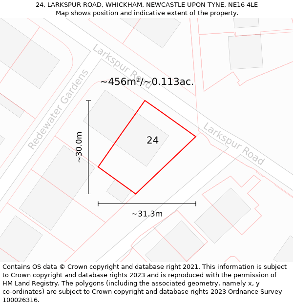 24, LARKSPUR ROAD, WHICKHAM, NEWCASTLE UPON TYNE, NE16 4LE: Plot and title map