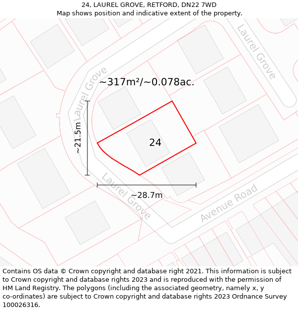 24, LAUREL GROVE, RETFORD, DN22 7WD: Plot and title map