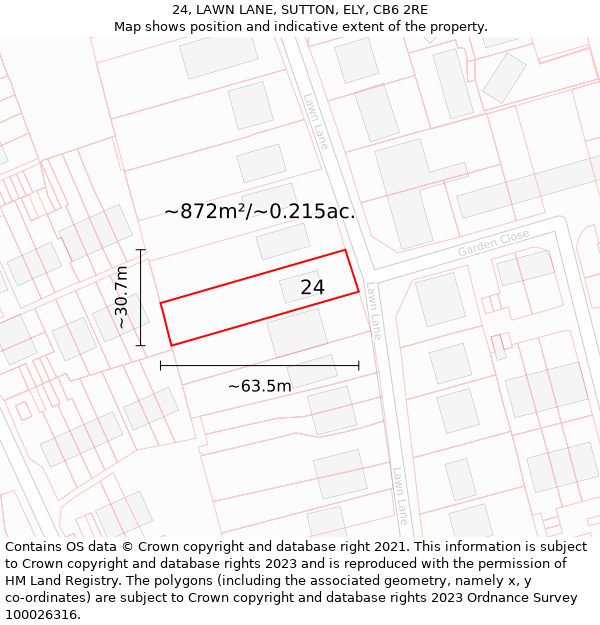 24, LAWN LANE, SUTTON, ELY, CB6 2RE: Plot and title map