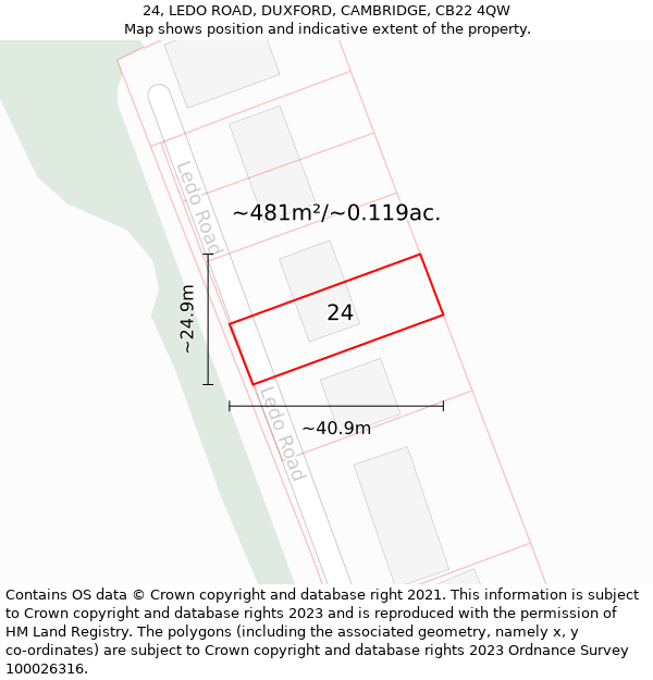 24, LEDO ROAD, DUXFORD, CAMBRIDGE, CB22 4QW: Plot and title map