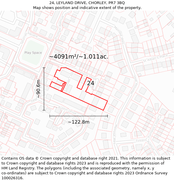 24, LEYLAND DRIVE, CHORLEY, PR7 3BQ: Plot and title map