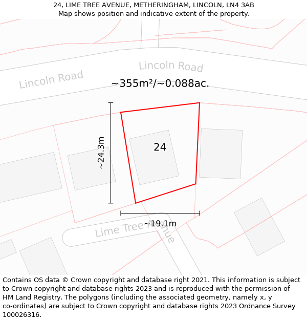 24, LIME TREE AVENUE, METHERINGHAM, LINCOLN, LN4 3AB: Plot and title map