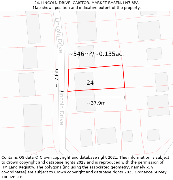 24, LINCOLN DRIVE, CAISTOR, MARKET RASEN, LN7 6PA: Plot and title map