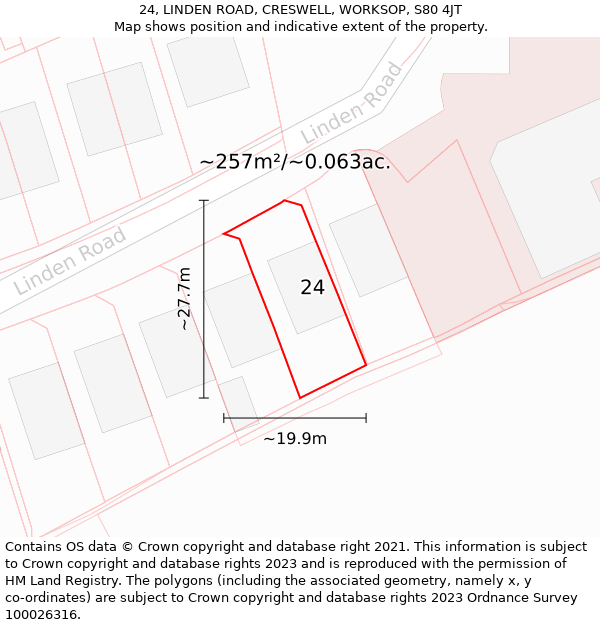 24, LINDEN ROAD, CRESWELL, WORKSOP, S80 4JT: Plot and title map