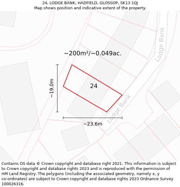 24, LODGE BANK, HADFIELD, GLOSSOP, SK13 1QJ: Plot and title map