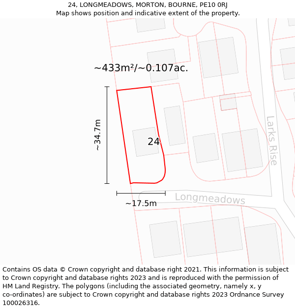 24, LONGMEADOWS, MORTON, BOURNE, PE10 0RJ: Plot and title map