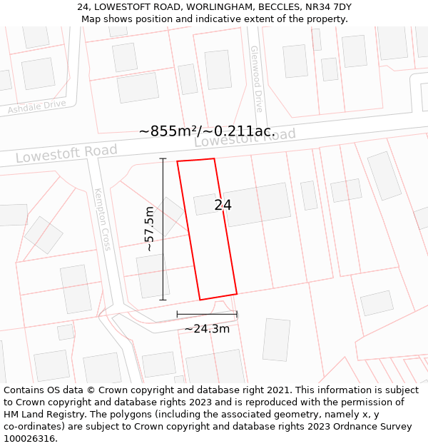 24, LOWESTOFT ROAD, WORLINGHAM, BECCLES, NR34 7DY: Plot and title map