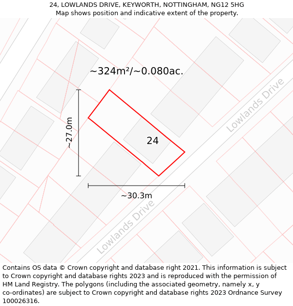 24, LOWLANDS DRIVE, KEYWORTH, NOTTINGHAM, NG12 5HG: Plot and title map