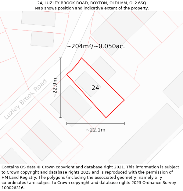 24, LUZLEY BROOK ROAD, ROYTON, OLDHAM, OL2 6SQ: Plot and title map