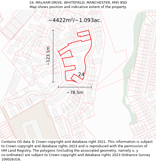 24, MALHAM DRIVE, WHITEFIELD, MANCHESTER, M45 8SD: Plot and title map