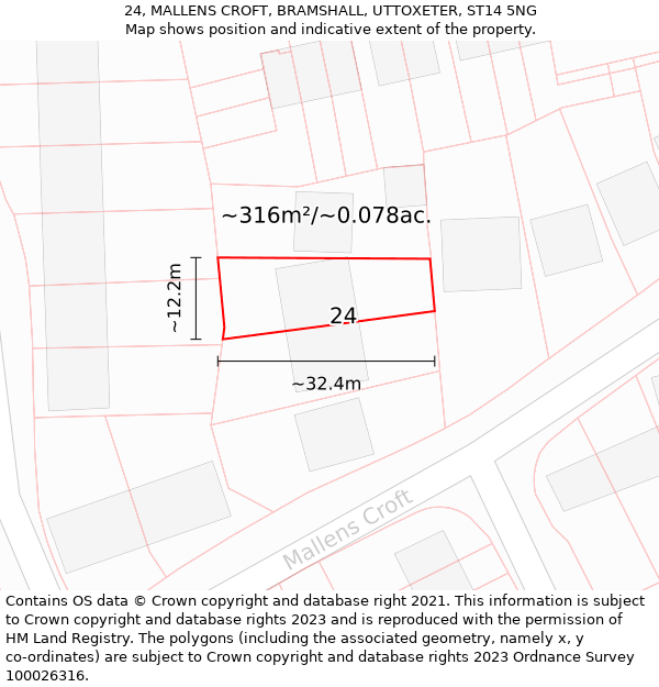 24, MALLENS CROFT, BRAMSHALL, UTTOXETER, ST14 5NG: Plot and title map