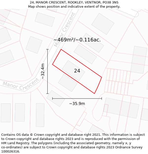 24, MANOR CRESCENT, ROOKLEY, VENTNOR, PO38 3NS: Plot and title map