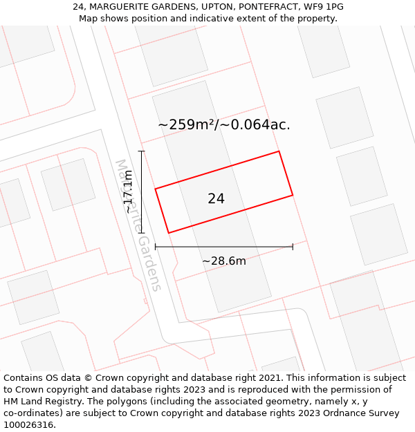 24, MARGUERITE GARDENS, UPTON, PONTEFRACT, WF9 1PG: Plot and title map