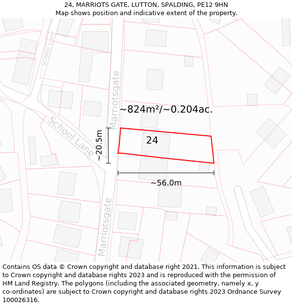 24, MARRIOTS GATE, LUTTON, SPALDING, PE12 9HN: Plot and title map