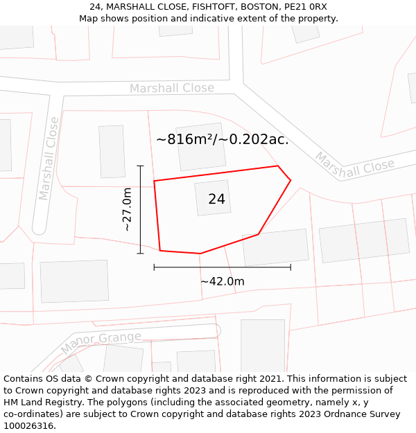 24, MARSHALL CLOSE, FISHTOFT, BOSTON, PE21 0RX: Plot and title map