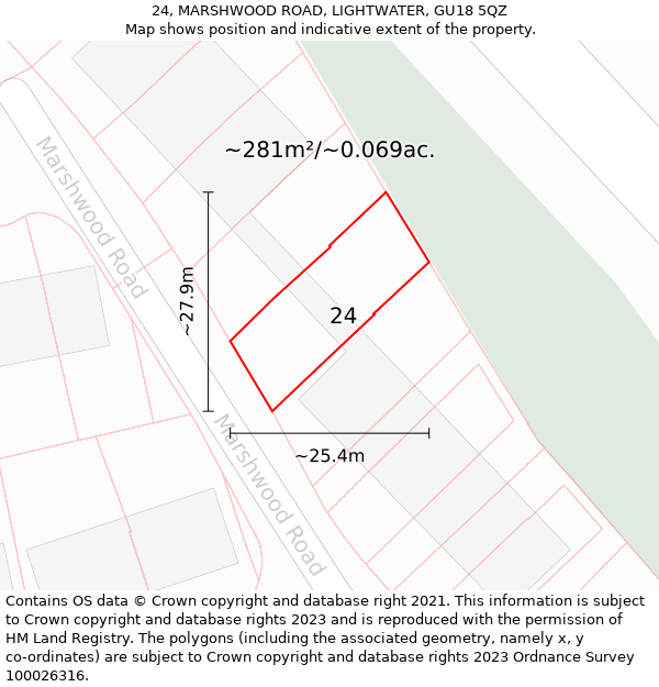 24, MARSHWOOD ROAD, LIGHTWATER, GU18 5QZ: Plot and title map