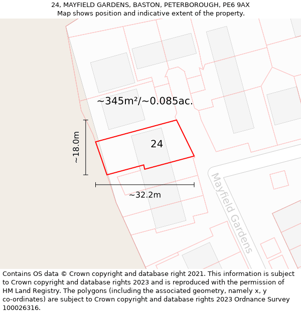 24, MAYFIELD GARDENS, BASTON, PETERBOROUGH, PE6 9AX: Plot and title map