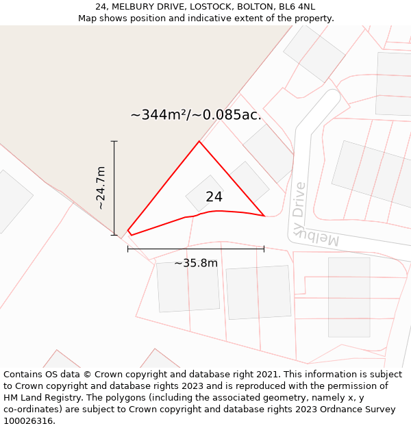 24, MELBURY DRIVE, LOSTOCK, BOLTON, BL6 4NL: Plot and title map