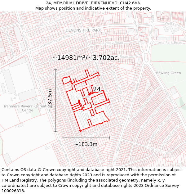 24, MEMORIAL DRIVE, BIRKENHEAD, CH42 6AA: Plot and title map