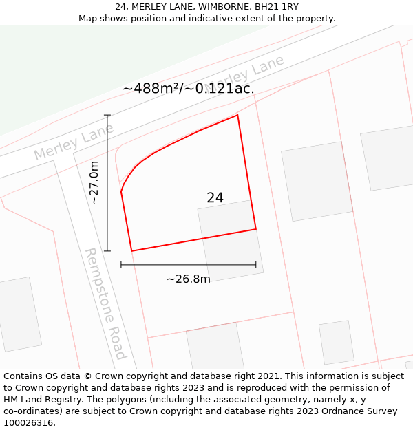 24, MERLEY LANE, WIMBORNE, BH21 1RY: Plot and title map