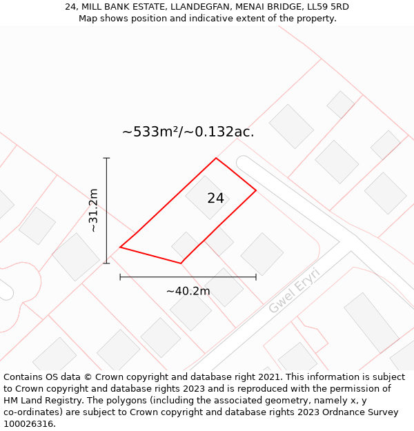 24, MILL BANK ESTATE, LLANDEGFAN, MENAI BRIDGE, LL59 5RD: Plot and title map