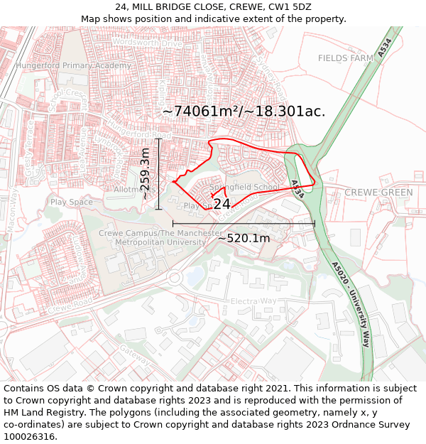 24, MILL BRIDGE CLOSE, CREWE, CW1 5DZ: Plot and title map